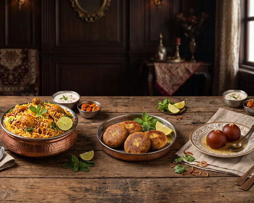 A rustic wooden dining table laden with an abundant spread of Indian food, including biryani, fried kebab, sweets, and small bowls of chutney and raita, set against a dark wood-paneled background.