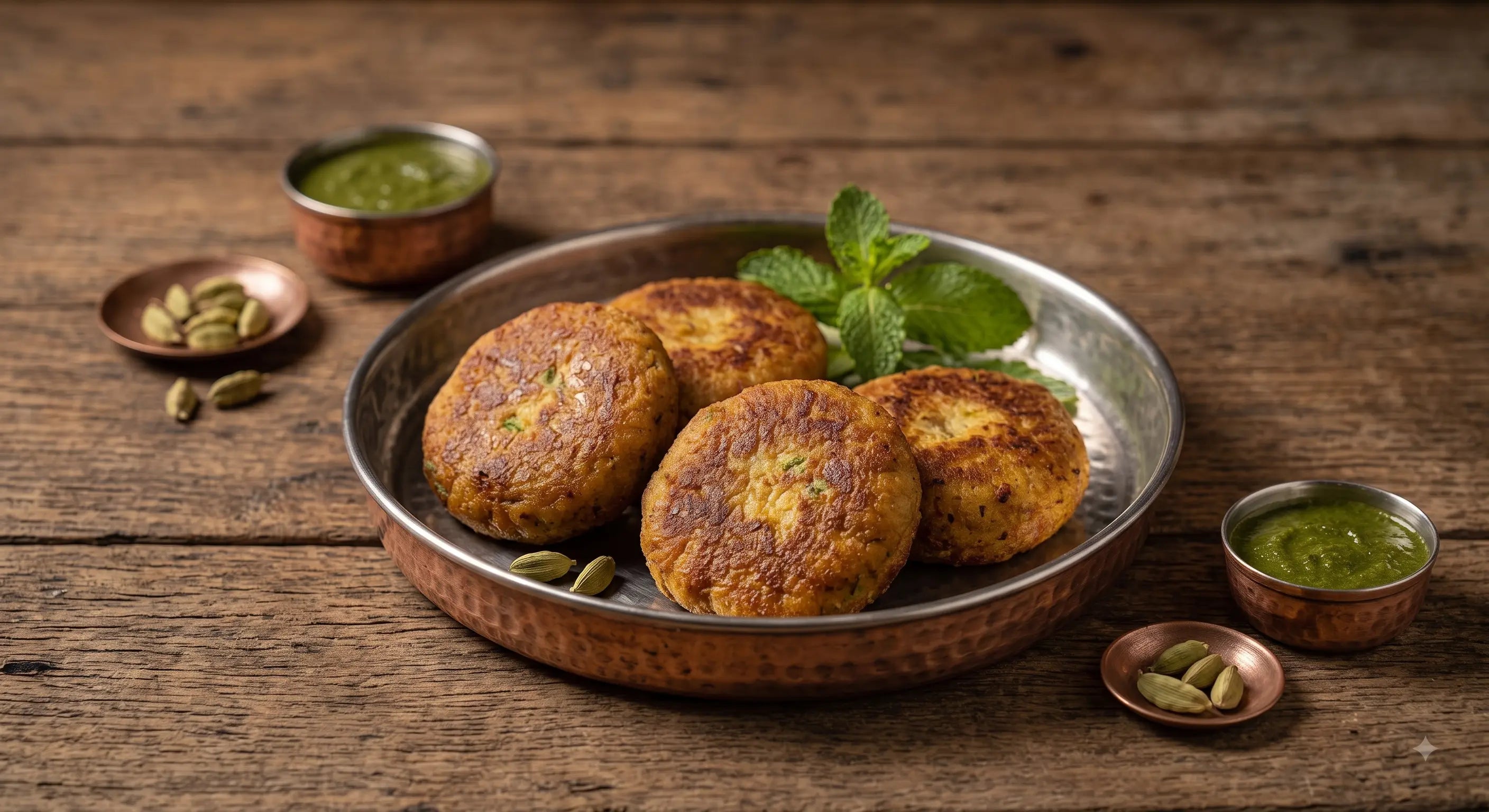 Four golden-brown fried shami kebabs garnished with mint leaves and green chutney, served on a copper-colored metal plate on a rustic wooden table, with small bowls of chutney and cardamom seeds nearby.