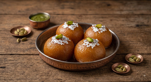 Four golden-brown gulab halwa desserts in a hammered copper plate, garnished with silver foil and pistachios, on a rustic wooden table with small copper bowls cardamom seeds.